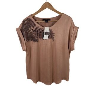 NWT French Connection Beaded Top Women's 8 Beige Sequined Short Sleeve Cocktail